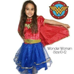 Girls Wonder Woman super hero halloween Costume Dress & Cape Set Sz L 10-12 kids